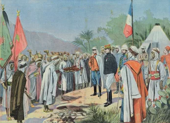 General Lyautey (1854-1934) empfängt die Kapitulation eines rebellischen Stammes in Marokko, aus 